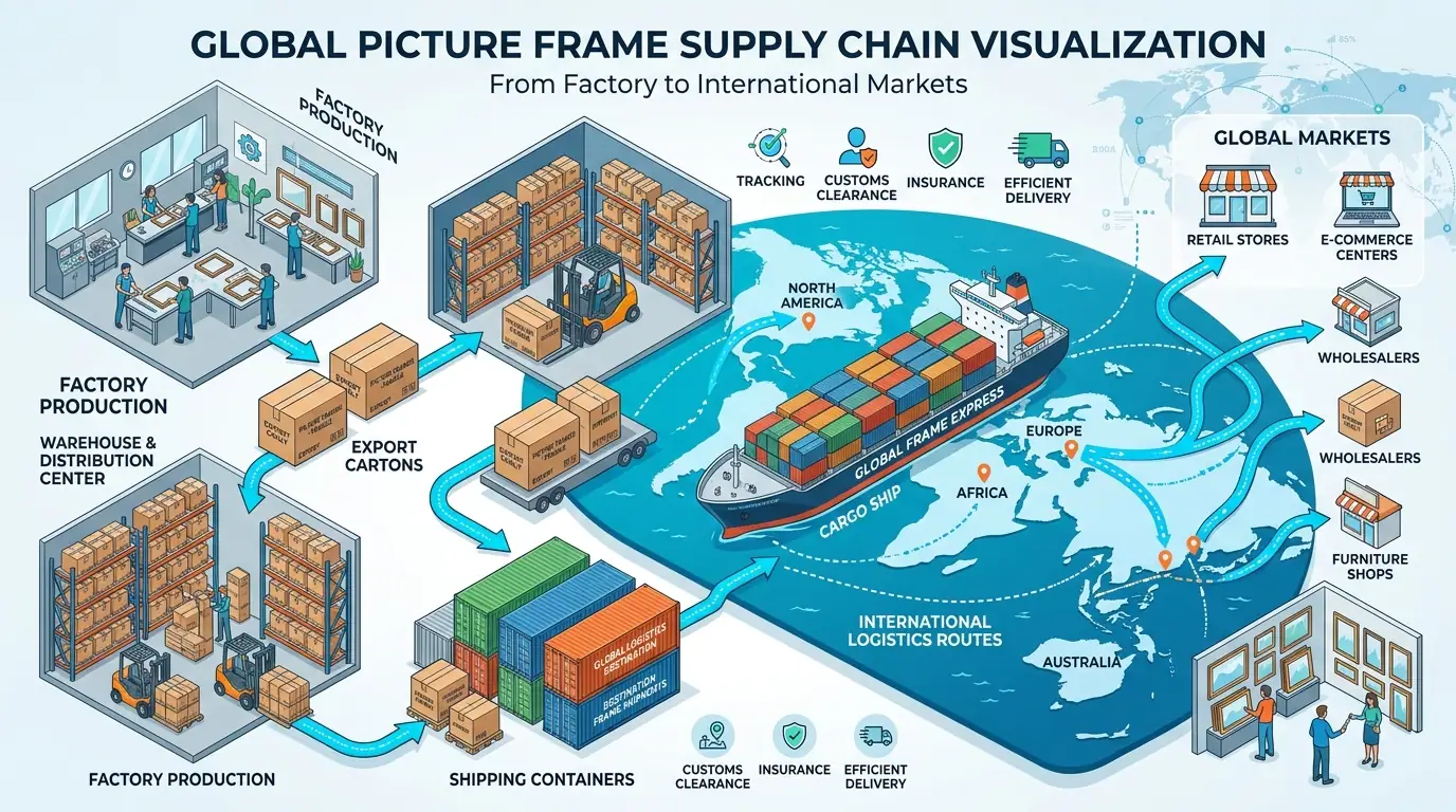Global picture frame shipping logistics showing export cartons, warehouse operations, containers, and international supply chain management. Global picture frame shipping logistics showing export cartons, warehouse operations, containers, and international supply chain management.
